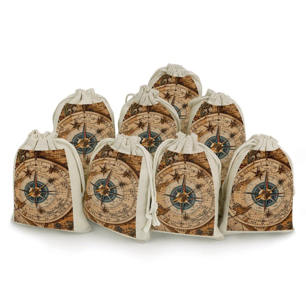 NTVOWPZO 8PCS Compass And Old World Map Cotton Drawstring Bag 5x7 Inch Small Cloth Gift Bags with Drawstring, Reusable Muslin Bags Pouches, Empty Candy Bag for Wedding Party Birthday Favors