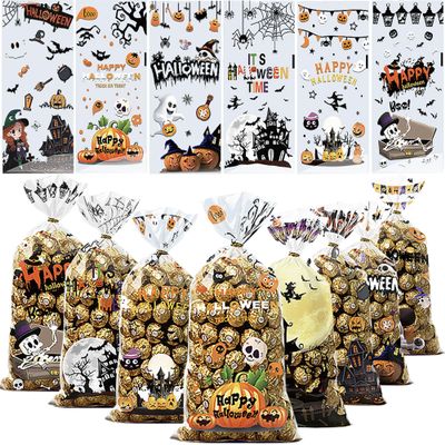 BCCSNNM 100Pcs Halloween Cellophane Treat Bags,Halloween Candy Bags with 100 Twist Ties,Snacks Cookies Gift Bag for Party Favors Supplies(8Designs)