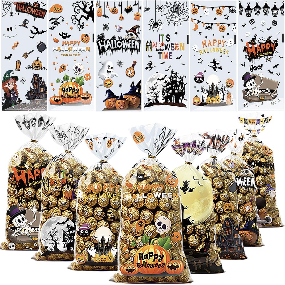 BCCSNNM 100Pcs Halloween Cellophane Treat Bags,Halloween Candy Bags with 100 Twist Ties,Snacks Cookies Gift Bag for Party Favors Supplies(8Designs)