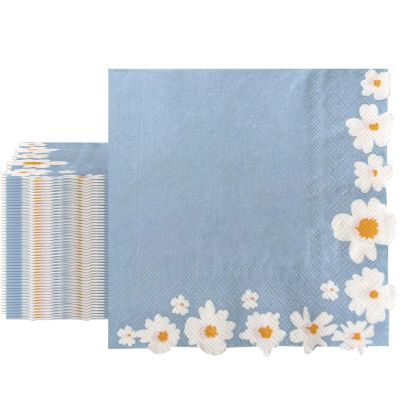 100 Pack Cocktail Napkins, Blue-White Flowers Beverage Napkins Tea Party Decorations, Drink Napkins Cocktail Napkins Disposable for Bar Birthday Hotel Restaurant Folded 5 x 5 Inches