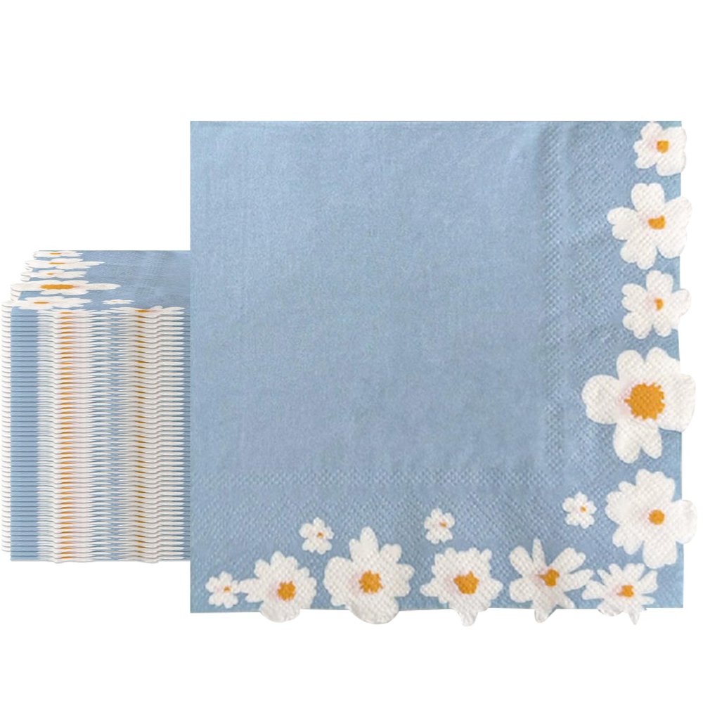 100 Pack Cocktail Napkins, Blue-White Flowers Beverage Napkins Tea Party Decorations, Drink Napkins Cocktail Napkins Disposable for Bar Birthday Hotel Restaurant Folded 5 x 5 Inches