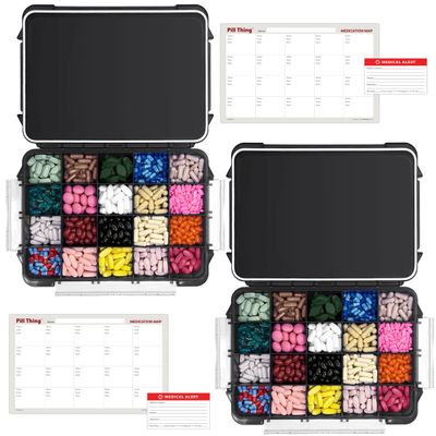 20 Compartment UV Protected Large Black Pill Case with Airtight Seal, Spill Proof, Silicone Gasket Waterproof Med Box with Medication Map (Black, 2 Pack)