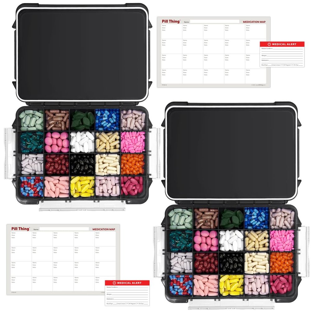 20 Compartment UV Protected Large Black Pill Case with Airtight Seal, Spill Proof, Silicone Gasket Waterproof Med Box with Medication Map (Black, 2 Pack)