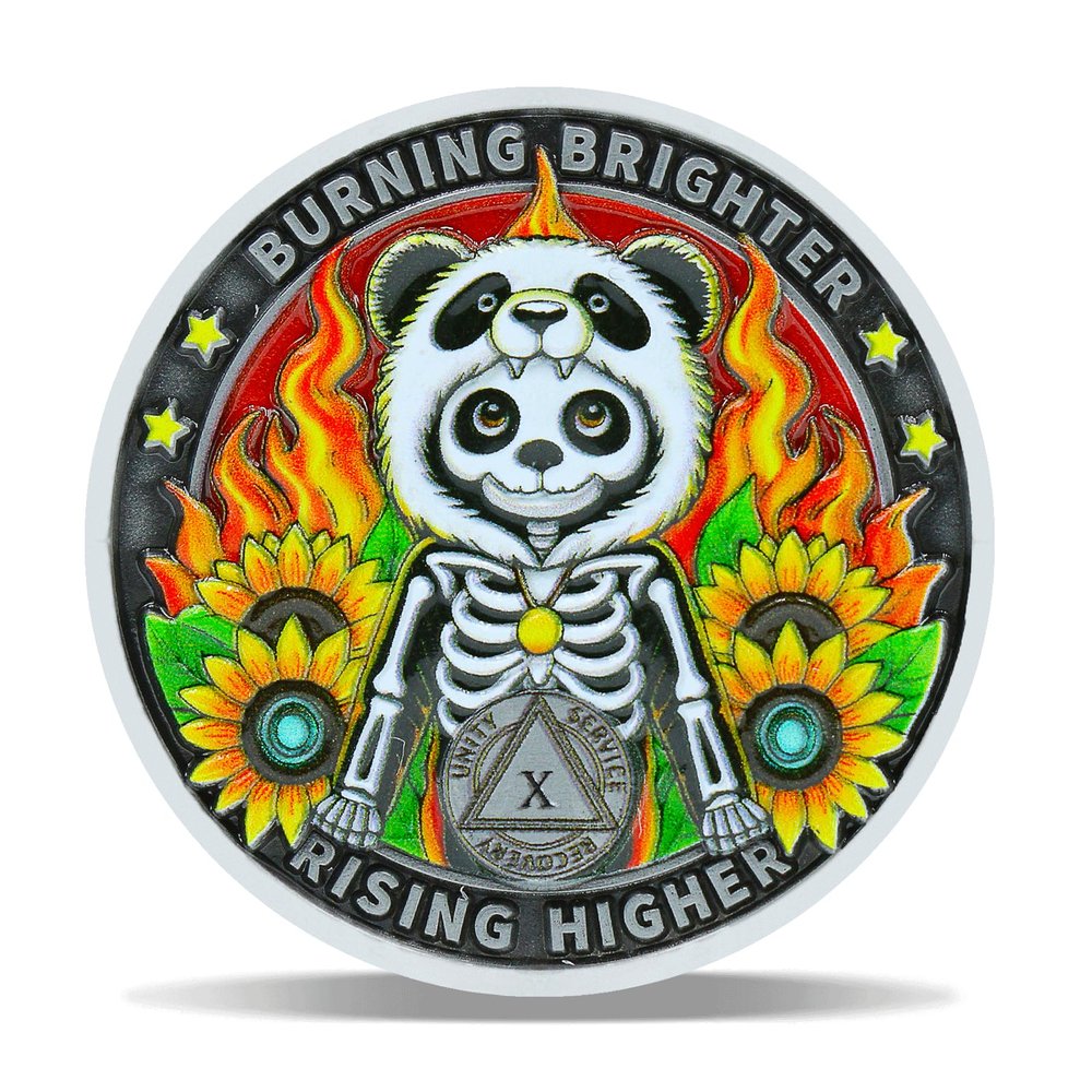 10 Year Panda Skull Sunflower Sobriety Coin Burning Brighter NA Medallion Spiritual Token for Recovery & Clean Time NA AA Chips Gift for Men & Women