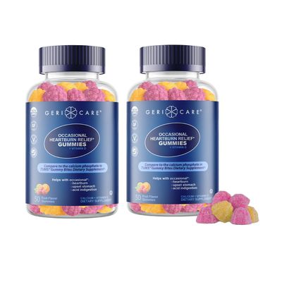 GeriCare Antacid with Vitamin D Gummies, Compare to TUMS Gummy Bites, Fruit Flavor, 50 Count, Non-GMO, Gluten-Free, Vegan, Naturally Sourced for Heartburn, Upset Stomach & Acid Indigestion (2 Pack)
