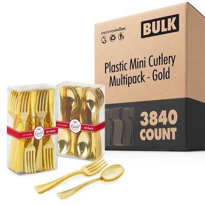 3840 Pack Gold Plastic Mini Spoons and Forks (4 Inch) 1920 Disposable Tasting Spoons & 1920 Appetizer Forks, Mini Utensils for Desserts, Food Samples, Appetizers & Charcuterie Boards