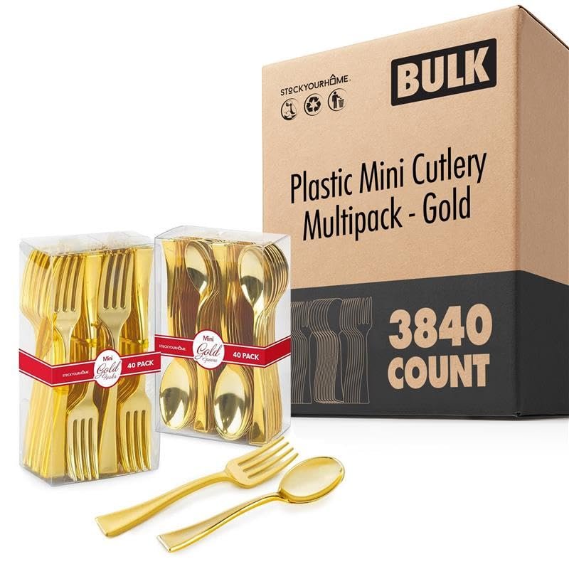 3840 Pack Gold Plastic Mini Spoons and Forks (4 Inch) 1920 Disposable Tasting Spoons & 1920 Appetizer Forks, Mini Utensils for Desserts, Food Samples, Appetizers & Charcuterie Boards