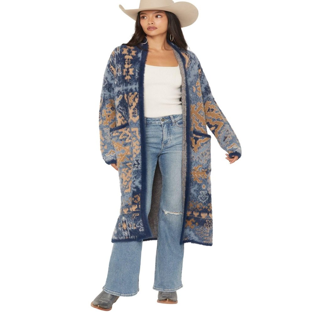 Shyanne Women's Women'S Southwestern Print Eyelash Yarn Duster - SWFA25SW1-NVY Medium US