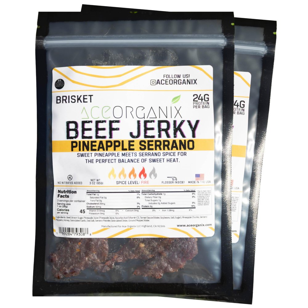 Ace Organix Brisket Beef Jerky Pineapple Serrano Sweet & Spicy Tropical Flavor Premium High Protein Snack Clean Ingredients, No Added Nitrates Made in USA (2 Pack)