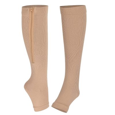 2pcs Zippered Compression Socks Support Knee High Stockings Elastic 20-30mmhg Open Toe Leg Support Stocking Compression Socks for Circulation for Running Sports Fitness Hiking