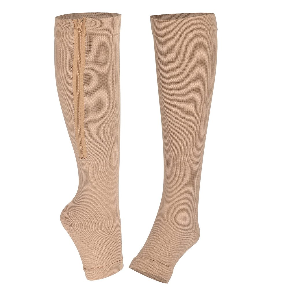 2pcs Zippered Compression Socks Support Knee High Stockings Elastic 20-30mmhg Open Toe Leg Support Stocking Compression Socks for Circulation for Running Sports Fitness Hiking