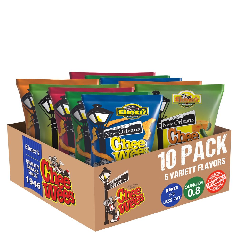 Elmer's New Orleans Chee-Wee's Lunch Box Special, Authentic NOLA Original, BBQ, Hot-n-Spicy, Green Onion, and Jalapeo flavors, Irresistible Crunchy Snack Delight, .875 Oz (10 Pack)