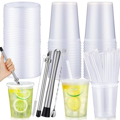 LemonRoad 24 Set Lemonade Stand Supplies Lemonade Stand Kits Include 24 Pcs 32oz Plastic Cups with Lid and Straw, Straw Puncher for Plastic Lids, Muddler, Mixing Spoon, Cleaning Brush for Summer Party
