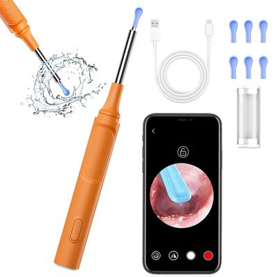 BOERX Ear Wax Removal Tool with Camera, 800W HD 360 Otoscope, 3.5mm Thin Lens 6 LED Lights, Waterproof Ear Cleaner with 6 Food-Grade Silicone Tips, Type-C Charging for Kids Adults Pets (Orange)