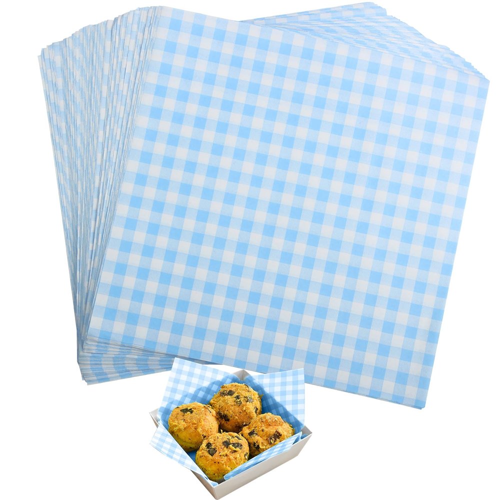 GeeRic Memorial Day Waxed Deli Paper Sheets for Food Wrapping, 7 * 7 Inch 200 Pcs Food Basket Liners for Sandwiches Out Dining Picnics Party Wrap Sheets Checkered Blue