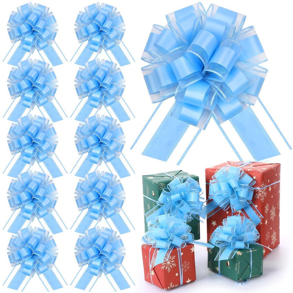 WILLBOND 10 Pcs Large Easter Pull Bows Gift Wrapping 6 Inch Pull Bows for Easter Party Birthday Wedding Baskets Xmas for Gift Wrapping Decorations(Blue)