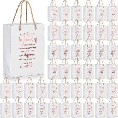 Fulmoon 50pcs Thank You Gifts Bags Employee Appreciation Pape Bags Bulk 5.9 x 3.1 x 8.3'' Inspirational May You Be Proud Gift Sack with Handle for Coworkers Teacher Valentine's Day(Rose Gold)
