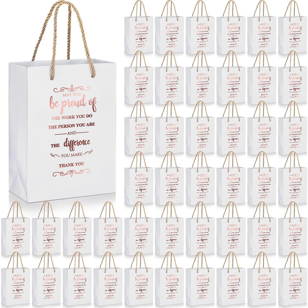 Fulmoon 50pcs Thank You Gifts Bags Employee Appreciation Pape Bags Bulk 5.9 x 3.1 x 8.3'' Inspirational May You Be Proud Gift Sack with Handle for Coworkers Teacher Valentine's Day(Rose Gold)
