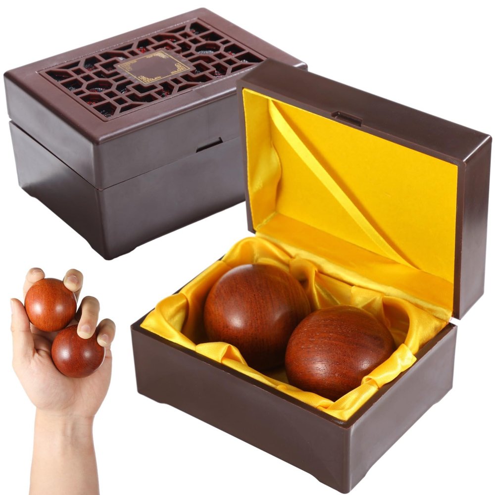 2-Piece Rosewood Hand Fitness Balls, Baoding Balls With Storage Case, Hand Grip & Massager Balls