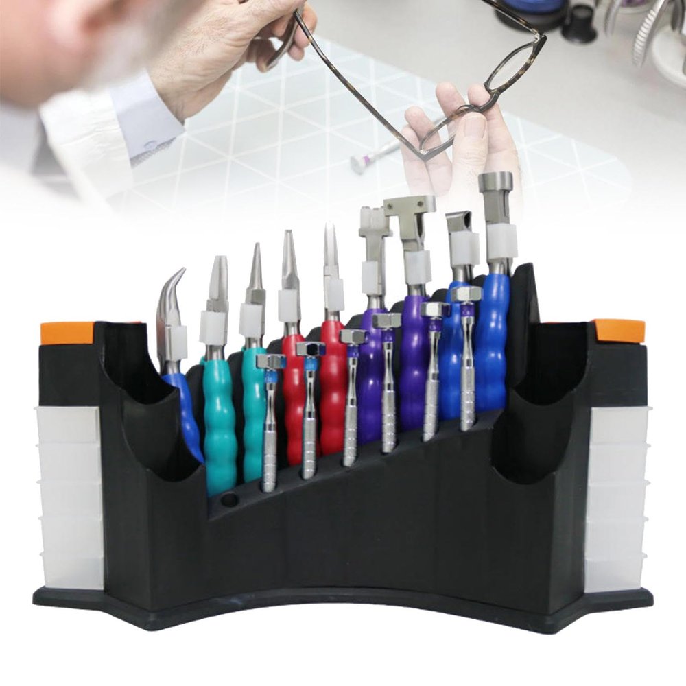 WADPP 15pcs Optical Eyeglass Repair Tool Kit, Professional Glasses Repair Set with 9 Pliers and 6 Screwdrivers, Multi-Layer Stand, Anti-Slip Rubber Handle, Stainless Steel Material