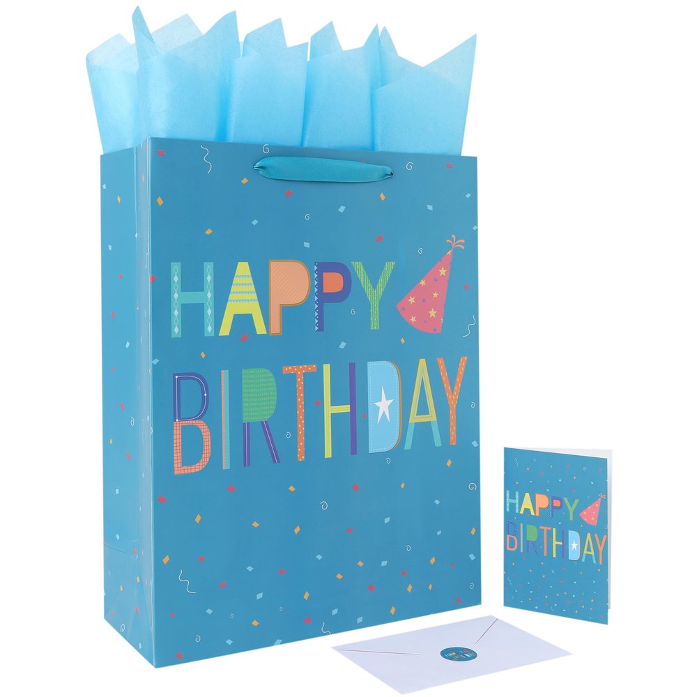 16.5" Extra Large Happy Birthday Gift Bag Set with Handles, Greeting Card, Blue Tissue Papers and Stickers for Boys Teens for Baby Shower, Kid's Birthday Party, Newborn, Cute Design, 1 Pcs