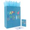 16.5" Extra Large Happy Birthday Gift Bag Set with Handles, Greeting Card, Blue Tissue Papers and Stickers for Boys Teens for Baby Shower, Kid's Birthday Party, Newborn, Cute Design, 1 Pcs view 1