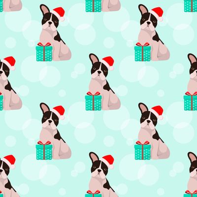 Cute Black and White French Bulldog Gift Wrap, Pied Dog Christmas Wrapping Paper, Puppy Themed Decoration (Blue Green, 30 foot x 29 inch roll)