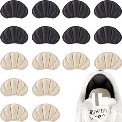 16Pcs Shoe Heel Inserts, Mesh Self-Adhesive Grips Anti-Slip Insoles for Shoes Too Big Improve Shoe Fit from Slipping Out and Rubbing (Black & White)