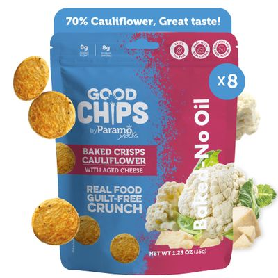 Baked Cauliflower & Aged Cheese Crisps by GOOD CHIPS! Oil-Free, High Protein, Guilt-Free Healthy Snack - 1.23 oz bags - Pack of 8