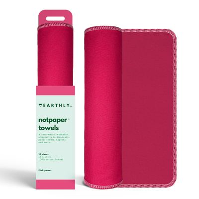 Earthly Co. Reusable Paper Towels - 10 Pack - Roll of Washable Cotton Cloth Paper Towels - Paperless Reusable Napkins Cloth Washable - Absorbent + Long Lasting - Zero Waste Products - (Pink Power)