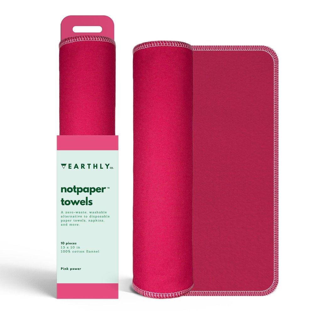 Earthly Co. Reusable Paper Towels - 10 Pack - Roll of Washable Cotton Cloth Paper Towels - Paperless Reusable Napkins Cloth Washable - Absorbent + Long Lasting - Zero Waste Products - (Pink Power)