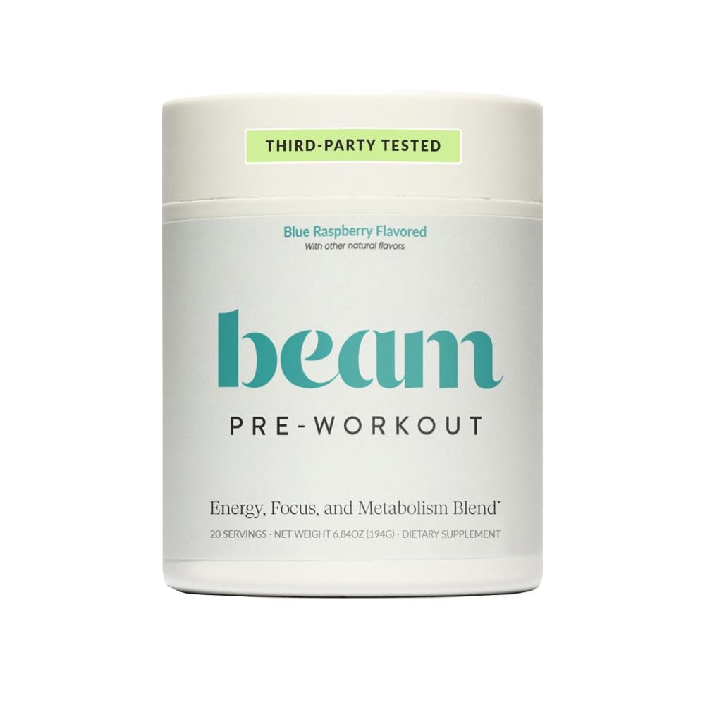 Beam Pre Workout Powder Pre Workout Supplement with Organic Caffeine, 350 mg Electrolytes & Nootropic Focus Support, No Sugar, Pre Workout for Women & Men, Blue Raspberry Flavor, 20 Servings