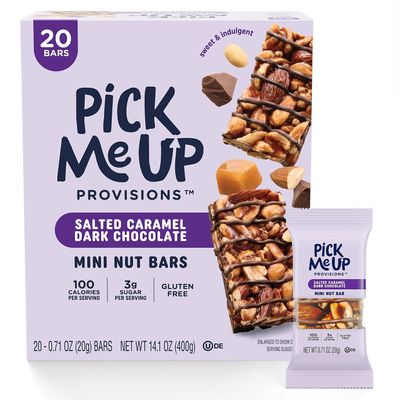 Pick Me Up Provisions Mini Gluten Free Salted Caramel Dark Chocolate Nut Bar, 20 Bars, Perfect for Lunches, Protein Snack