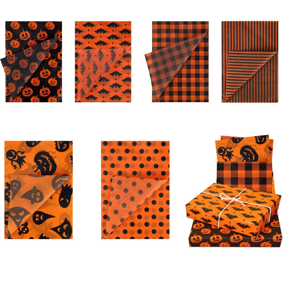 30 Sheets Halloween Tissue Paper, 14x20in Orange and Black Pumpkins Ghosts Dot Print Gift Wrapping & Packaging Paper for Halloween Party Favors Art Decorations DIY Crafts, 6 Designs