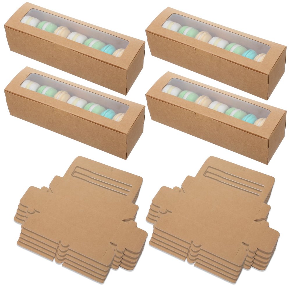 100 Pcs Macaron Boxes with Window Bakery Boxes Long Rectangle Treat Containers for Cookies, Donuts, Pastry, Cookies, Chocolate Covered Strawberry, Brown