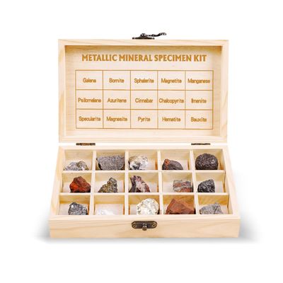 15-Piece Healing Metal Ore Crystal Set Natural Mineral Energy Stones in Wooden Box for Mindfulness, Meditation & Stress Relief