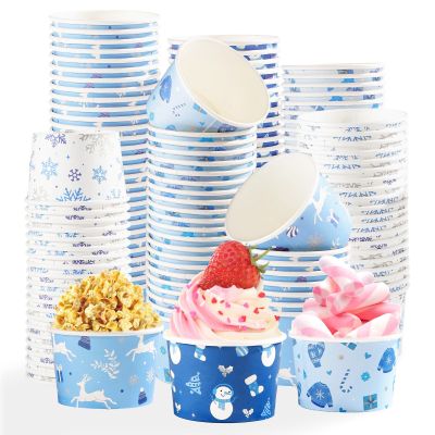 120 Pcs Winter Blue Ice Cream Cups 12 oz Disposable Snowflake Snowman Elk Gift Paper Dessert Snack Bowls Winter Food Yogurt Containers for Hot or Cold Food Soup Candies Xmas Holiday Party Supplies