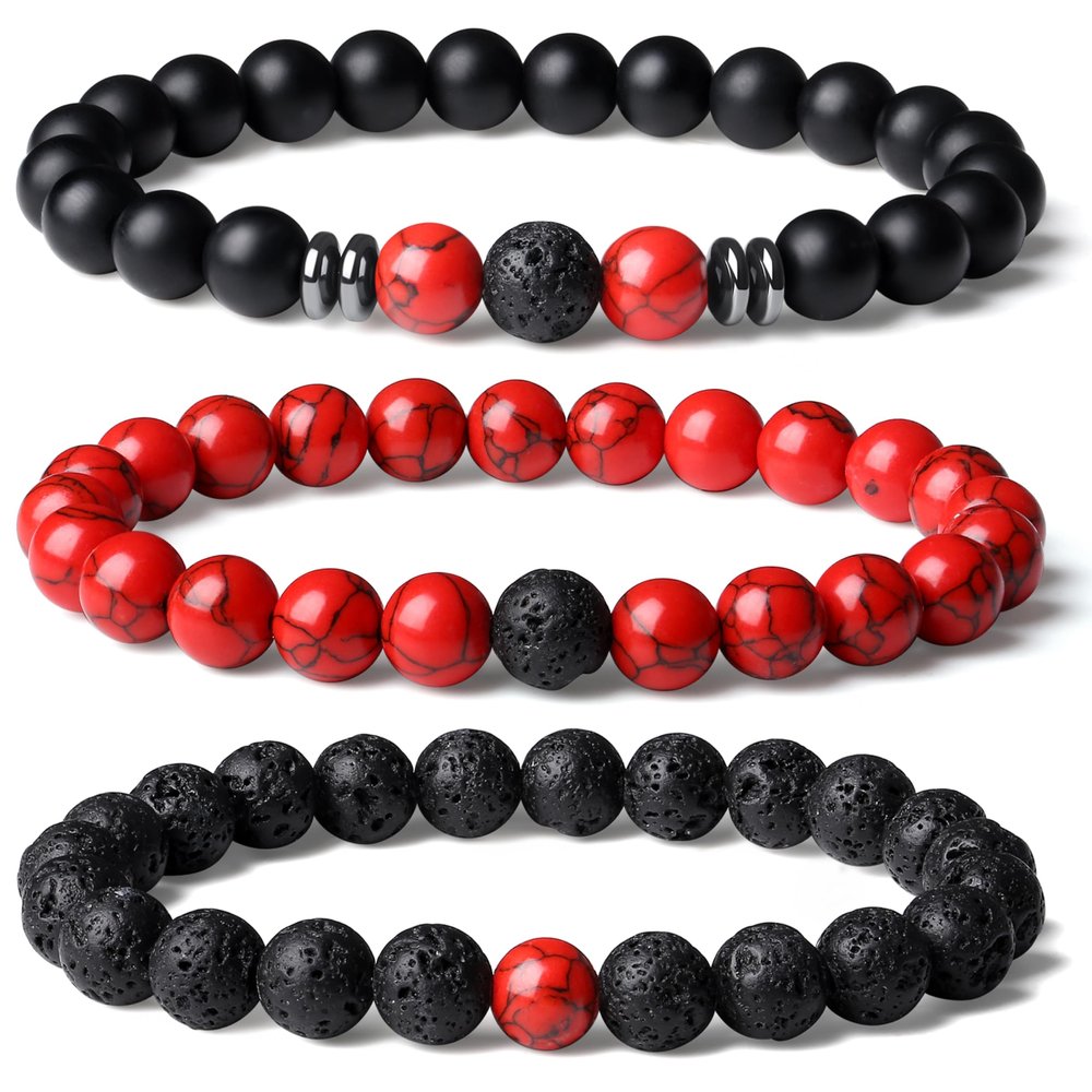 XIANNVXI Red Bead Bracelet for Mens Beaded Bracelet Set 3PC Natural Stone Bracelets for Men Black Obsidian Red Stone Lava Rock Stretch 8mm Beads Bracelets for Men