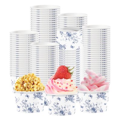 120Pcs Blue Floral Ice Cream Cups 12 Oz Disposable Blue and White Floral Paper Dessert Snack Bowls Fancy Flower Food Yogurt Containers for Food Soup Candies Bridal Shower Wedding Tea Party Decorations