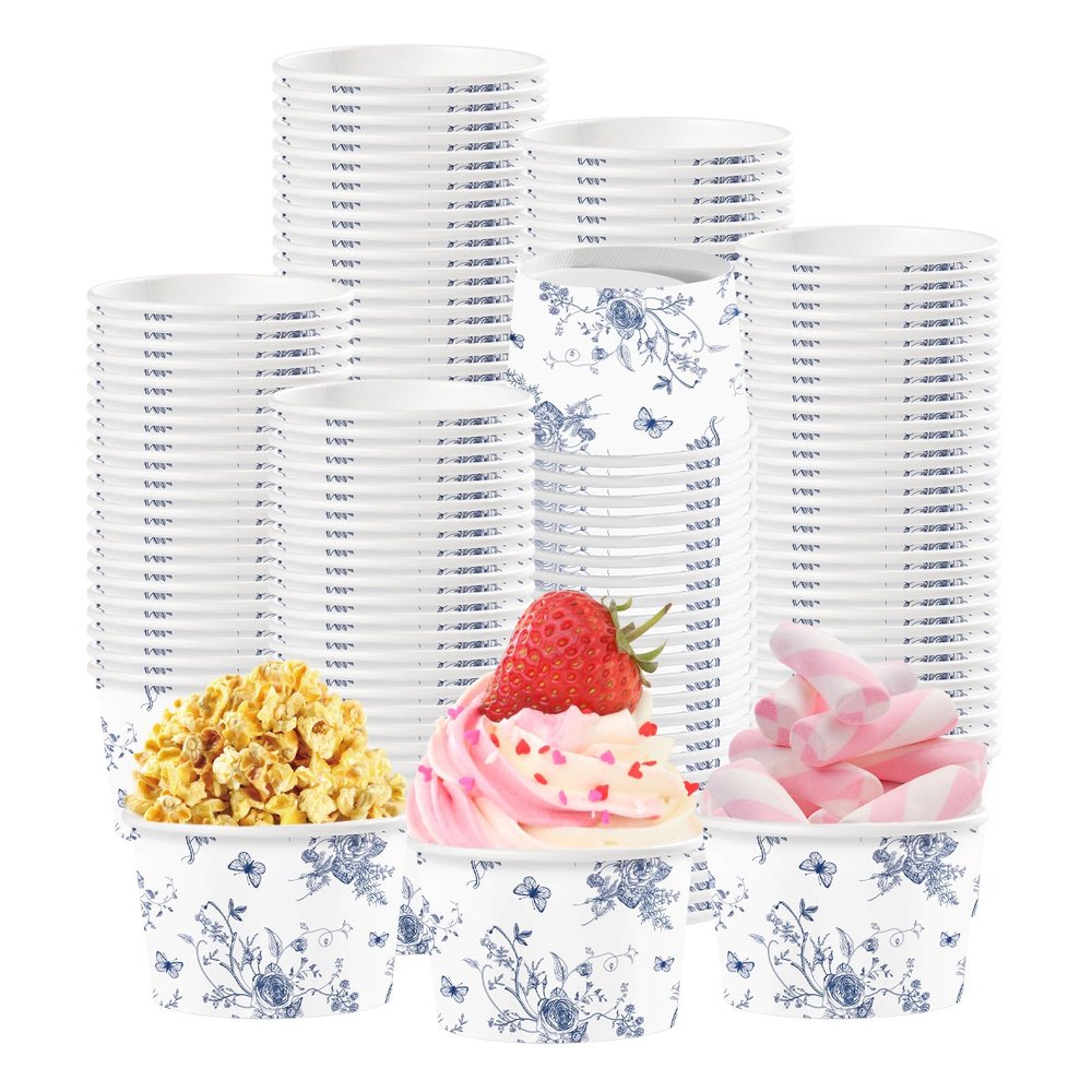 120Pcs Blue Floral Ice Cream Cups 12 Oz Disposable Blue and White Floral Paper Dessert Snack Bowls Fancy Flower Food Yogurt Containers for Food Soup Candies Bridal Shower Wedding Tea Party Decorations