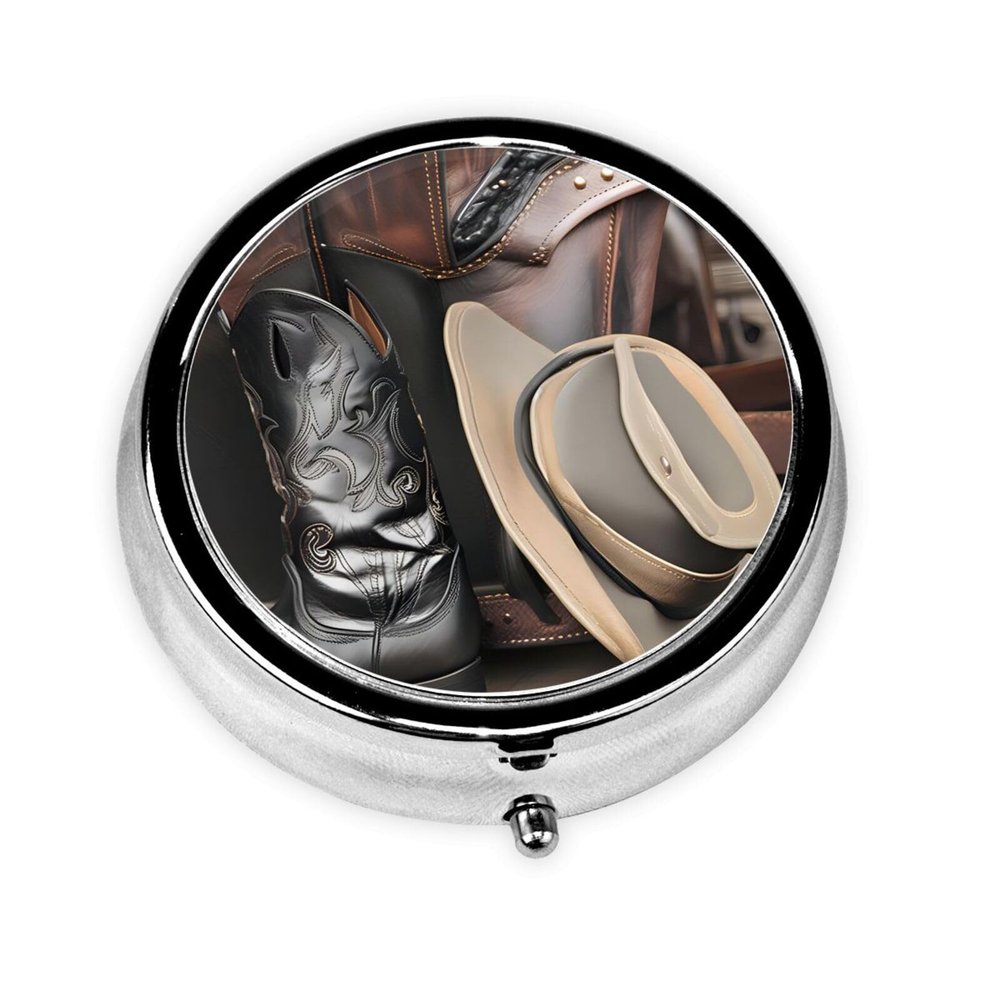 GGNKDL Cowboy Black Hat Western Boots Prints Round Mini Pill Box with 3 compartments for Pill Storage and Portable Travel