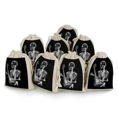 8 Pack Cotton Drawstring Bags, Abstract X-ray Skull Skeleton Playing Guitar Linen Gift Bags Storage Bag Reusable Gift Pouches Sachet for Jewelry Party Favors Wrapping DIY Christmas Gifts Candy Bags 4.