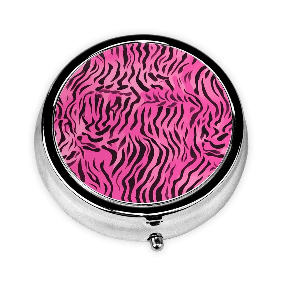 GGNKDL Zebra Tiger Leopard Pink Prints Round Mini Pill Box with 3 compartments for Pill Storage and Portable Travel