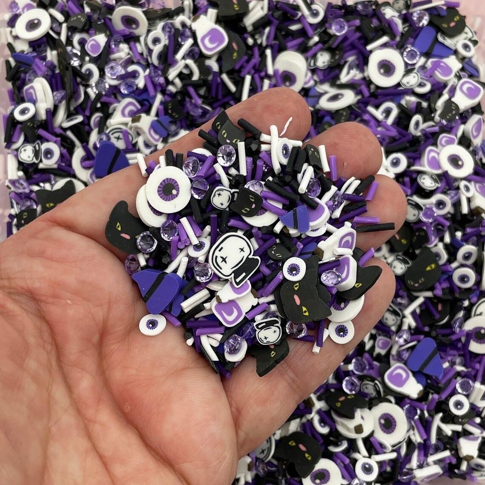 Evil Eye, Black Cat Halloween Sprinkle Mix, Purple and Black Spooky Polymer Clay Fake Sprinkles for Crafts and Resin (Non-Edible) (30g bag)