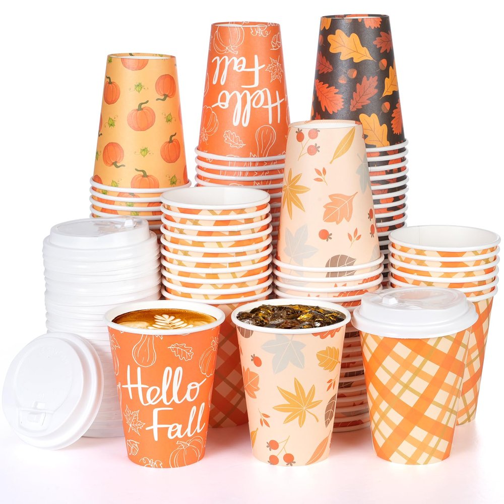 100Pcs 12Oz Fall Disposable Coffee Cups with Lids, Disposable Thanksgiving Cups for Hot Cold Coffee Maple Leaves Pumpkin Paper Dcor for Harvest Fall Party Supplies, 5 Designs