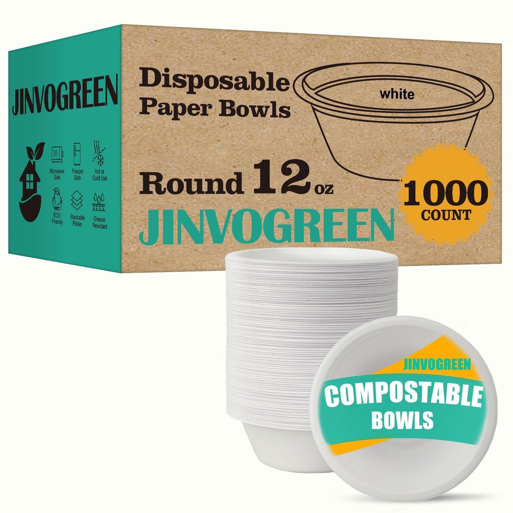 JINVOGREEN 1000 Count 12 oz Paper Bowls, Disposable Compostable Bowls Bulk, Heavy Duty Biodegradable Bagasse Bowl for Snacks, Soup, and Salads, White