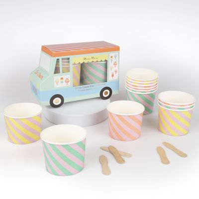 Meri Meri Ice Cream Party Pack (Pack of 12), Ice Cream Cups & Spoons, Truck Carry Case, Striped Paper Cups, Includes Wooden Spoons, Kids & Adults, 3.5 x 2.75 x 3.5