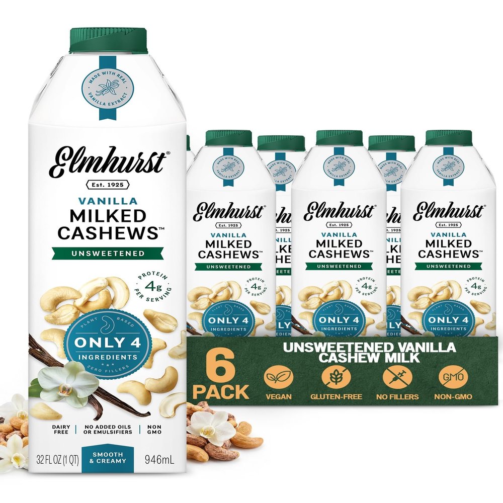 Elmhurst 1925 Vanilla Cashew Milk Unsweetened - 32 Ounce (Pack of 6) Dairy-Free, Vegan, Kosher, Shelf Stable Milk Made with Vanilla, Water & Cashew for Healthier, Simpler Plant-Based Alternatives