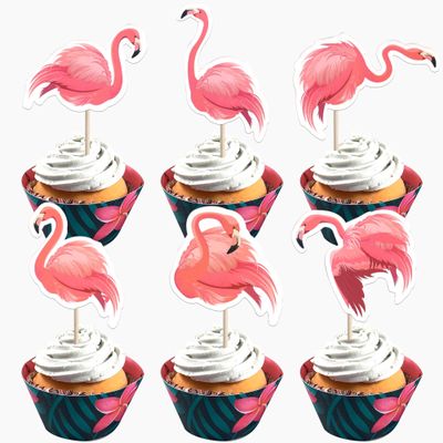 36 PCS Luau Flamingo Cupcake Toppers Double Side Tropical Aloha Flamingo Cupcake Picks for Summer Hawaiian Luau Tropical Theme Baby Shower Wedding Birthday Cake Decorations Supplies