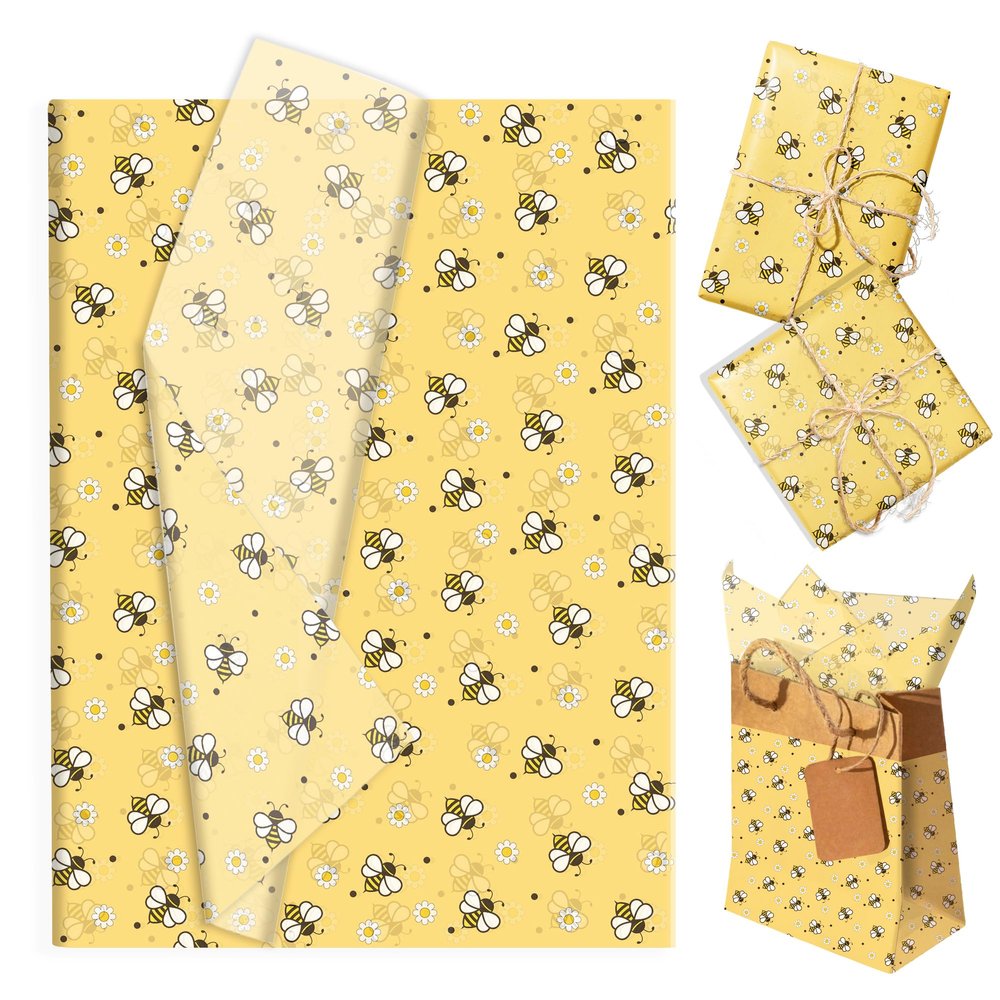 100Sheets Bee Daisy Tissue Paper Gift Wrapping Supplies Yellow Honeybee Gift Wrap Tissue Paper for Summer Spring Birthday Wedding Baby Shower Party DIY Crafts Decors, 13.8 x 19.7 inches
